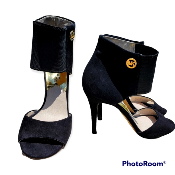 Michael Kors Shoes - Michael Kors 4" Black Suede Sandals Peep Toe Heels With Ankle Strap& Logo Siz 6.